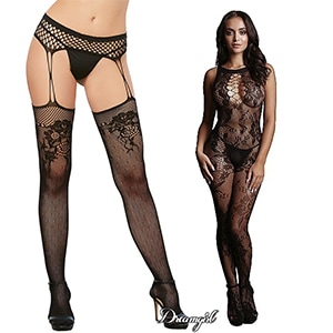 Stockings, body stockings and garter belts
