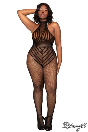 Fishnet bodystocking with a striped pattern