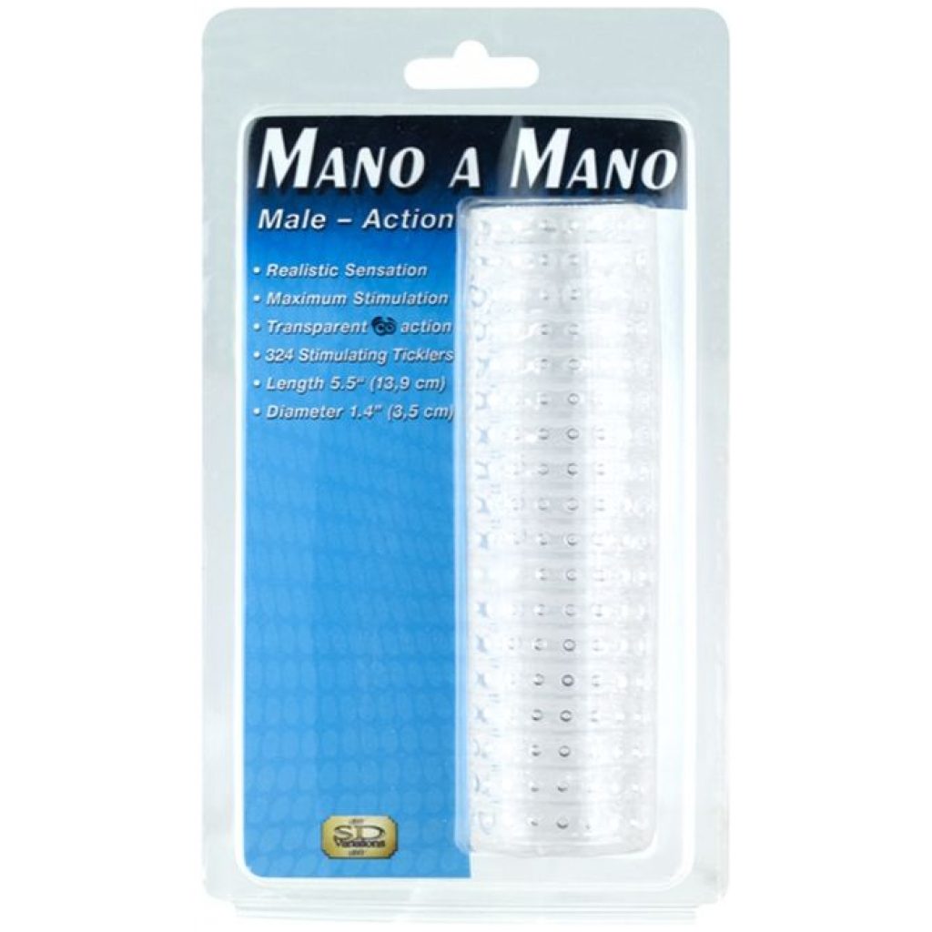 The transparent Mano A Mano masturbator for men, through which you can see all the action.