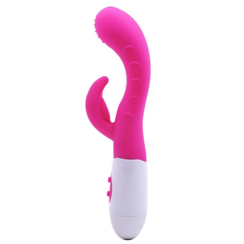 Very quiet Pinky double charmer vibrator with curved shape and dual motors for intense G-spot and clitoral stimulation.