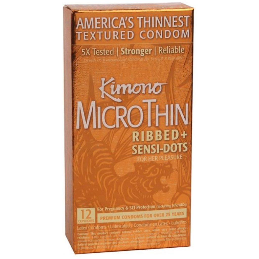 Le Condom Kimono Microthin Ribbed Sensidots boîte de 12 unités comprend des douzaines de nervures et des centaines de points sensibles.