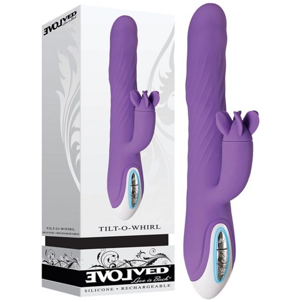 Get ready for a thrilling ride with the Tilt-O-Whirl purple dual-action vibrator that undulates and climbs to the top of your bedside table!