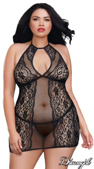 Dreamgirl queen size black lace and mesh babydoll