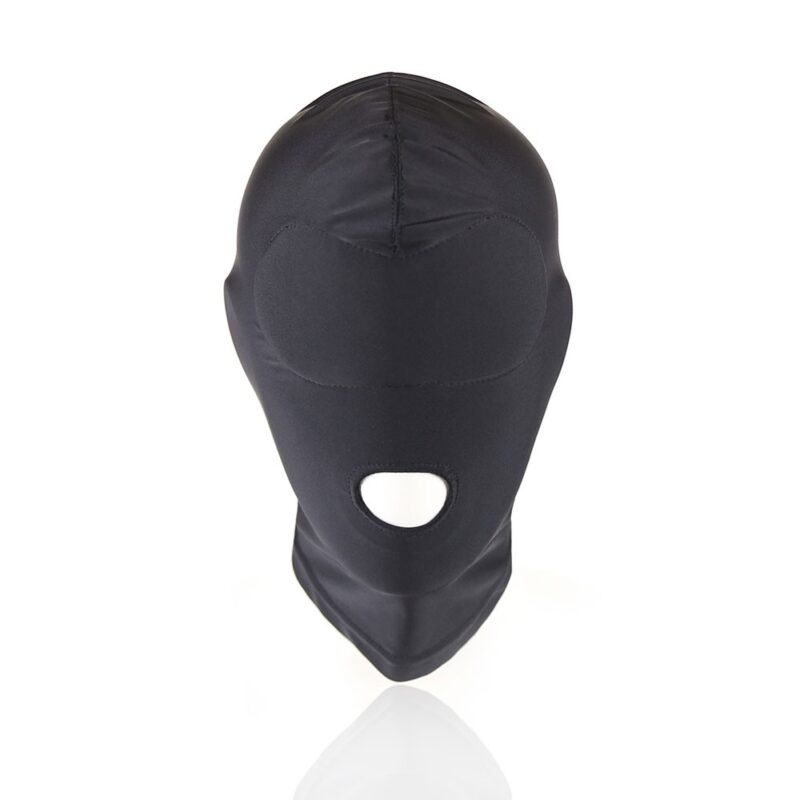 Dive into the world of domination games with this black polyester hood with mouth hole.