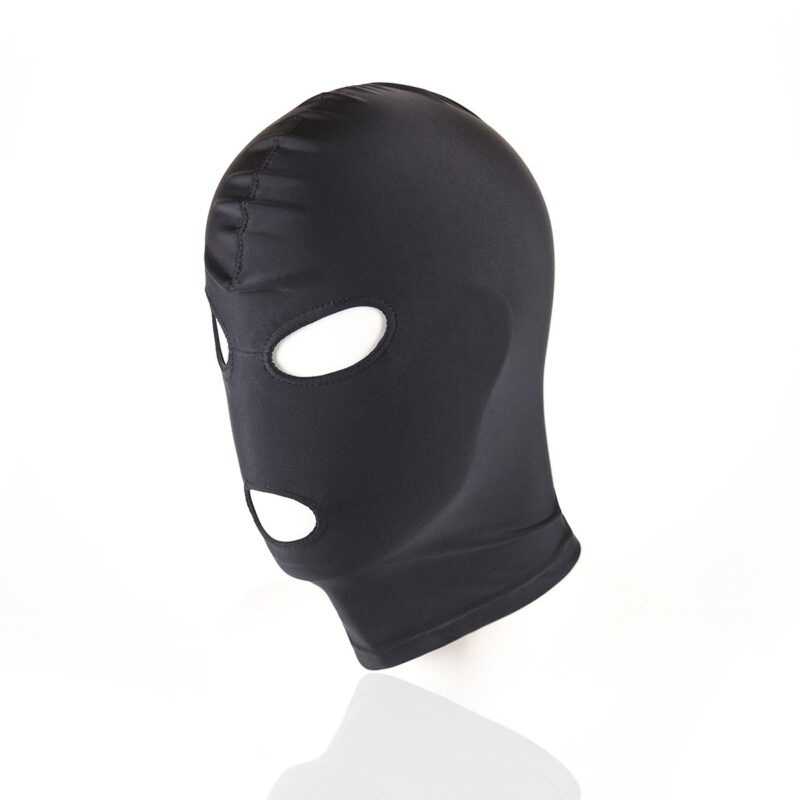 Enter the world of soft, sensual bondage with this black polyester hood with eyes and open mouth.