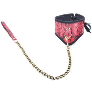 Bondage collar with red silk and gold leash
