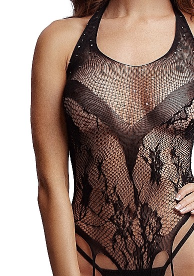 Le Désir Crotchless Rhinestone Halter Teddy Bodystocking - Image 2